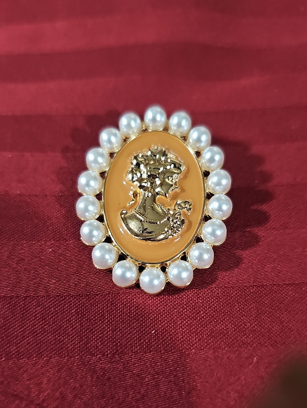Gold Cameo Pearl-Trim Brooch — Camel-Orange and White